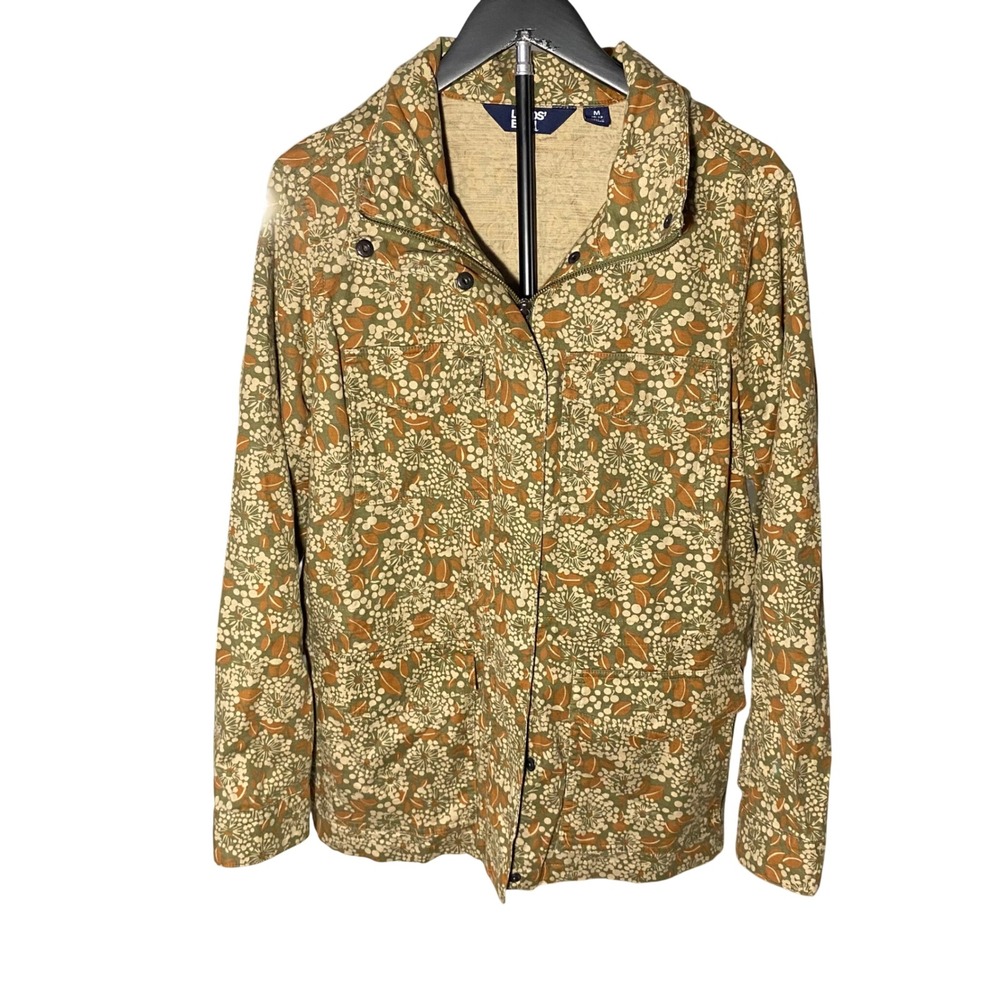 Lands End Womens M 10-12 Floral Utility Jacket Hidden Hood Olive Green Cotton